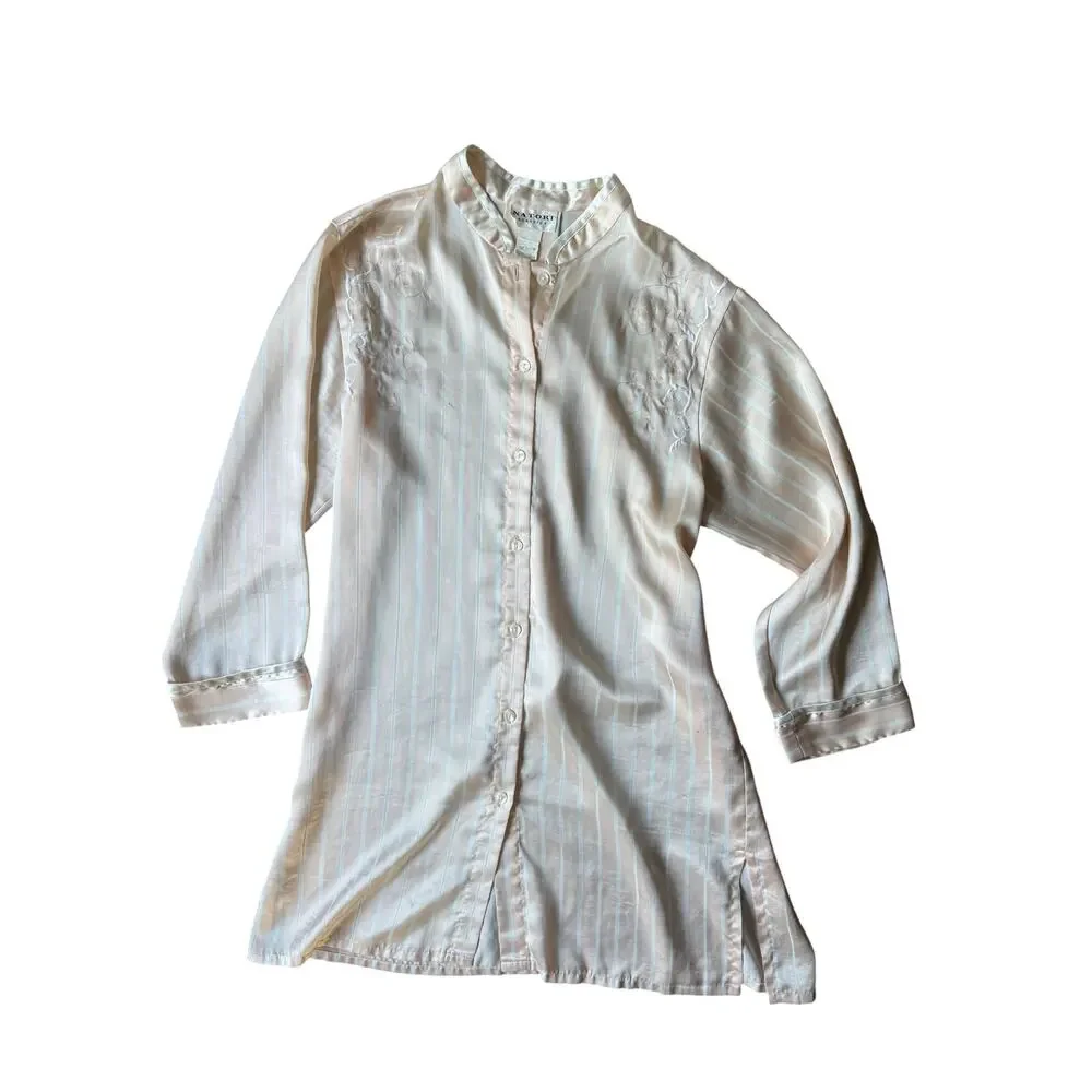 Vintage Natori Classics Peach Embroidered Satin Nightgown Sleep Shirt Medium